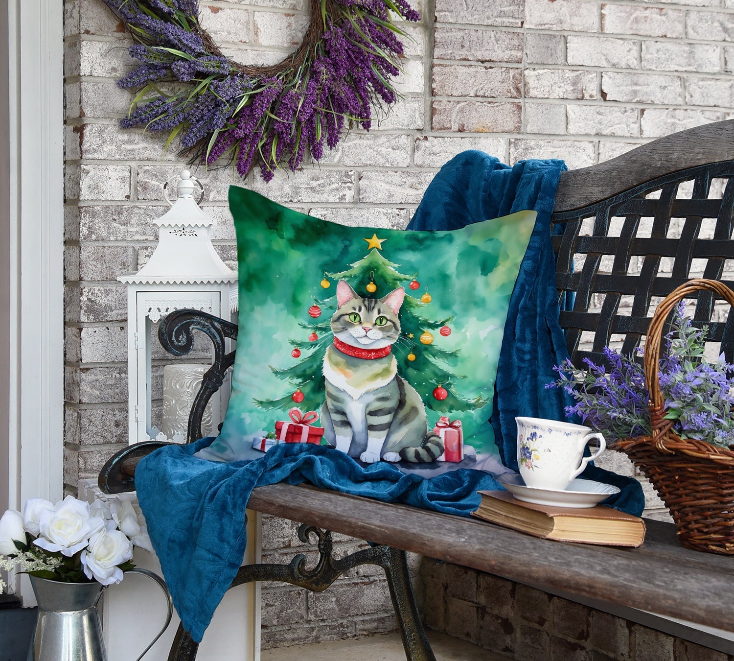 Raas Cat By the Christmas Tree Decorative Throw Pillow 18x18 Indoor Outdoor Accent Cushion, Fabric Cover with Insert for Sofa, Bed, Porch & Living Room