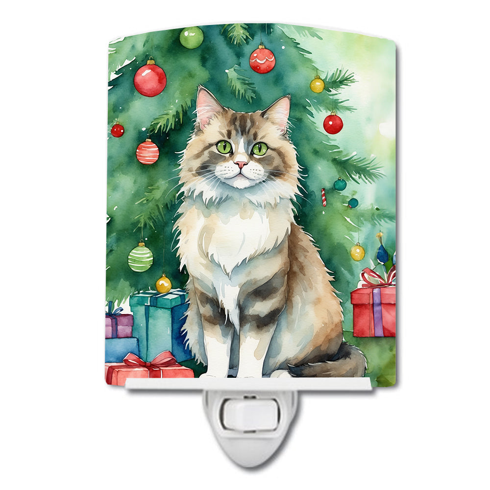 Ragamuffin Cat By the Christmas Tree Ceramic Night Light Compact, UL-Certified, Ideal for Bedroom, Bathroom, Nursery, Hallway, Kitchen, 6x4x3, Multicolor