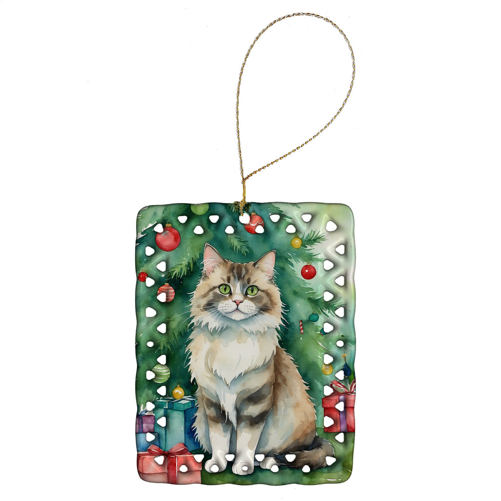 Ragamuffin Cat By the Christmas Tree Porcelain Ornament Christmas Tree Hanging Decorations for Home Christmas Holiday, Rectangle, Gift, Multicolor