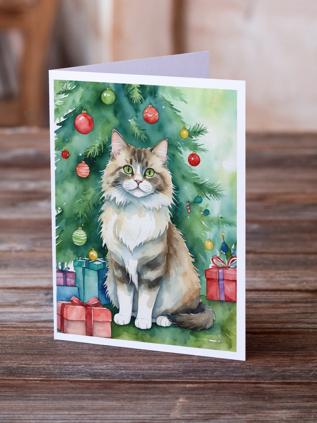 Ragamuffin Cat By the Christmas Tree Greeting Cards Pack of 8 Blank Cards with Envelopes Whimsical A7 Size 5x7