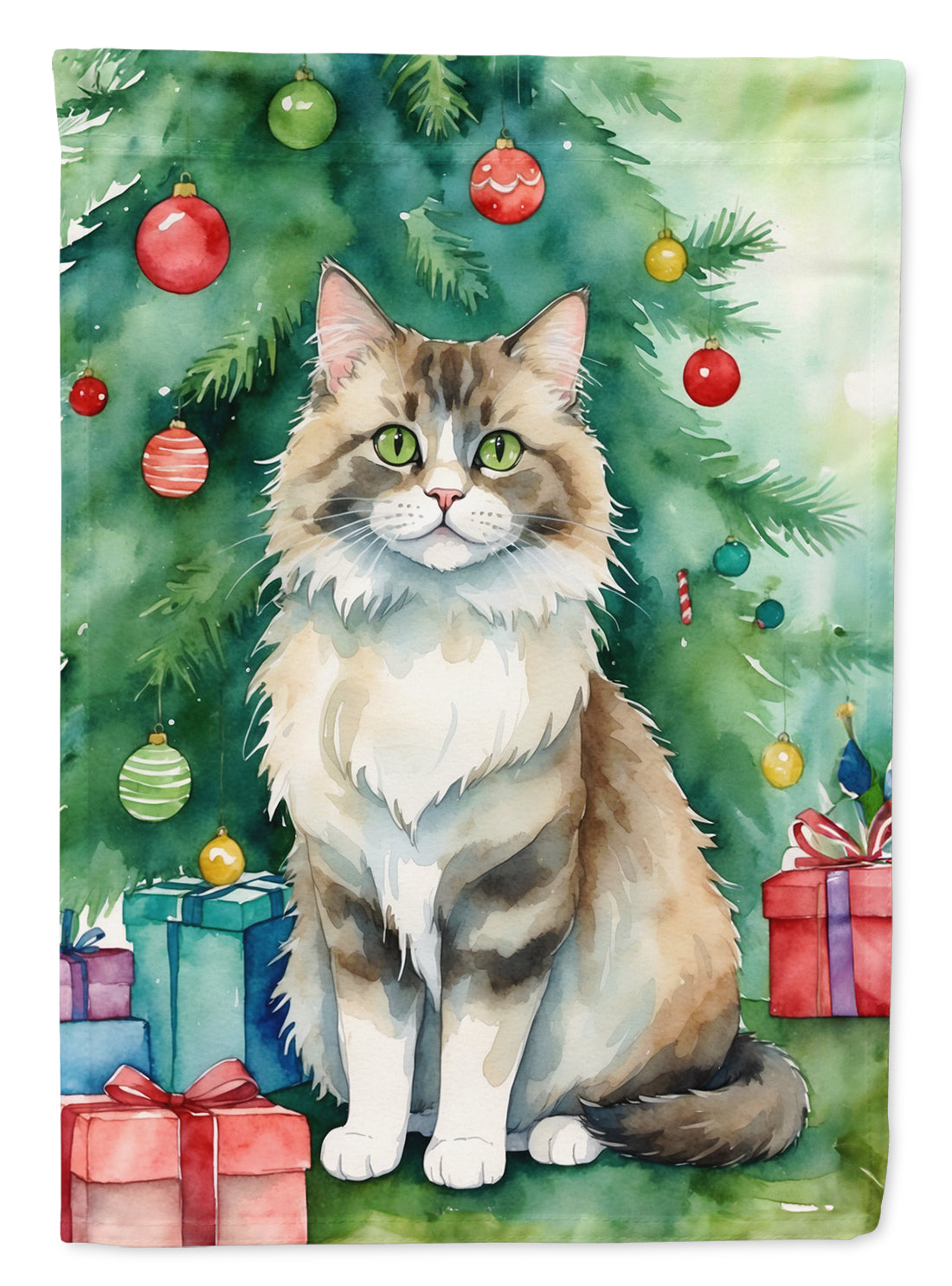 Ragamuffin Cat By the Christmas Tree Garden Flag Mailbox Decorative Yard Banner Outside Patio Artwork for Flower Beds, Garden Size, Multicolor