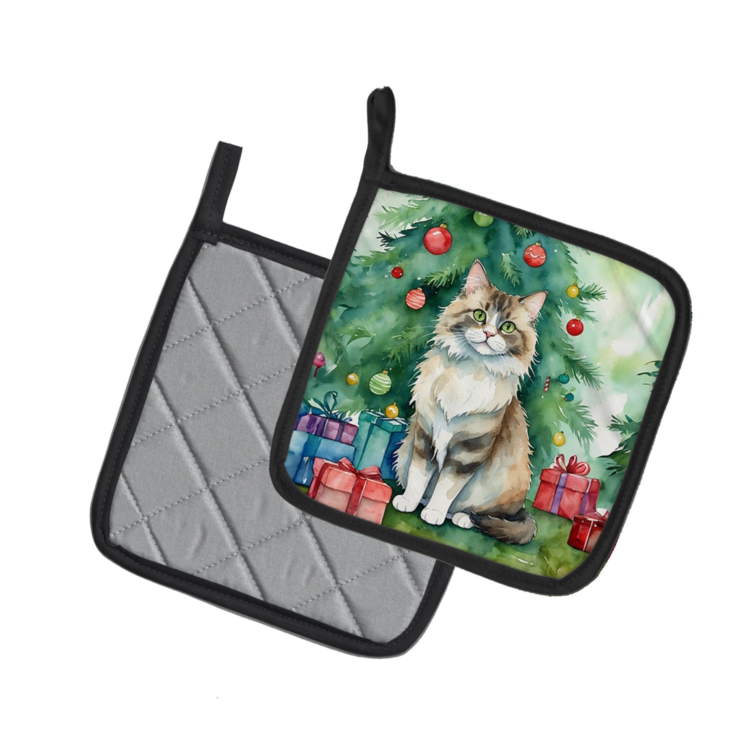 Ragamuffin Cat By the Christmas Tree Pot Holder Set of 2 Heat Resistant Quilted Hot Pads 7.5 x 7.5 Inch, Insulated Kitchen Trivets for Cooking & Baking