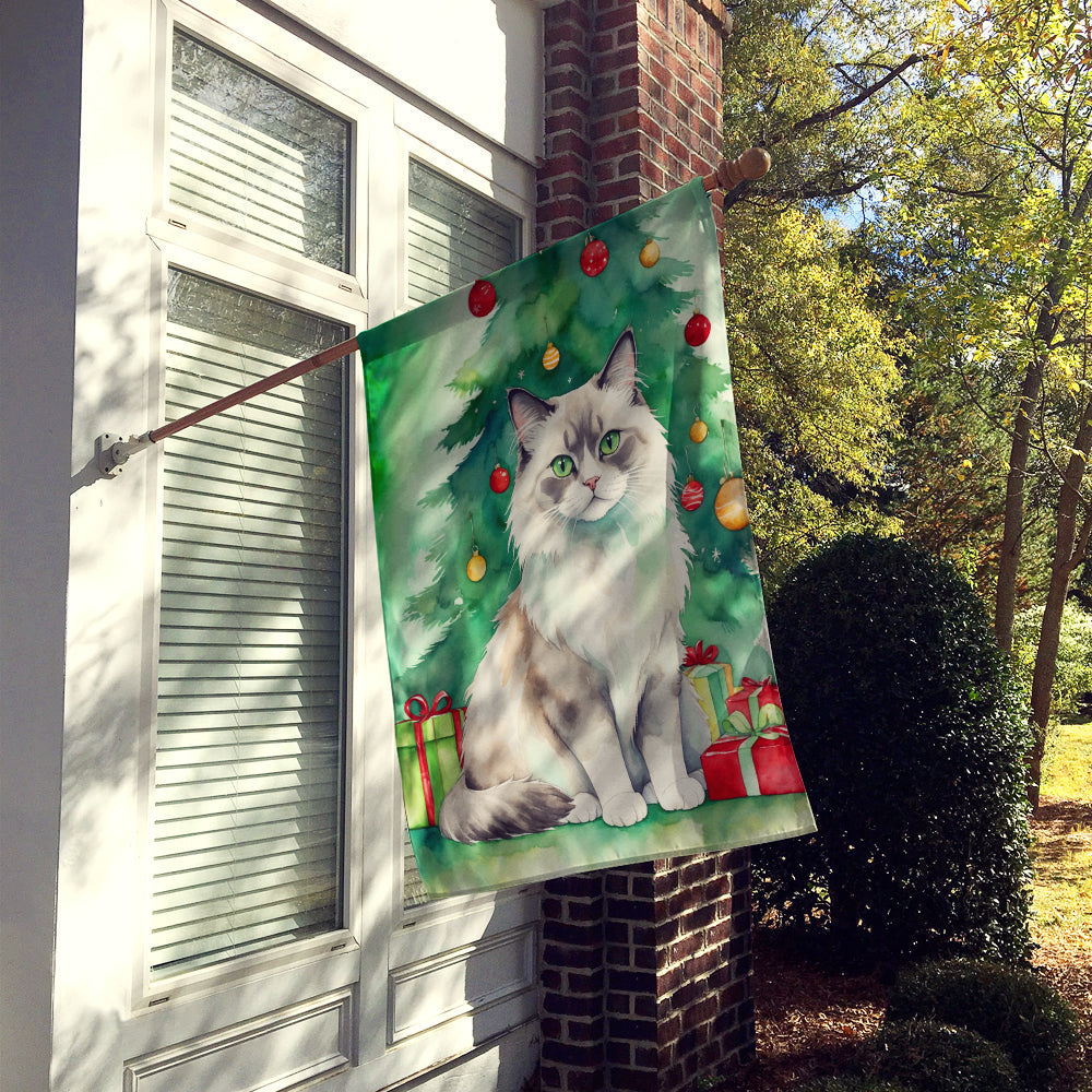 Ragdoll Cat By the Christmas Tree House Flag 28x40 Porch Sleeve Pole Decorative Outside Yard Banner Artwork Wall Hanging, Polyester