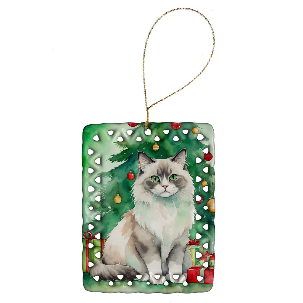 Ragdoll Cat By the Christmas Tree Porcelain Ornament Christmas Tree Hanging Decorations for Home Christmas Holiday, Rectangle, Gift, Multicolor