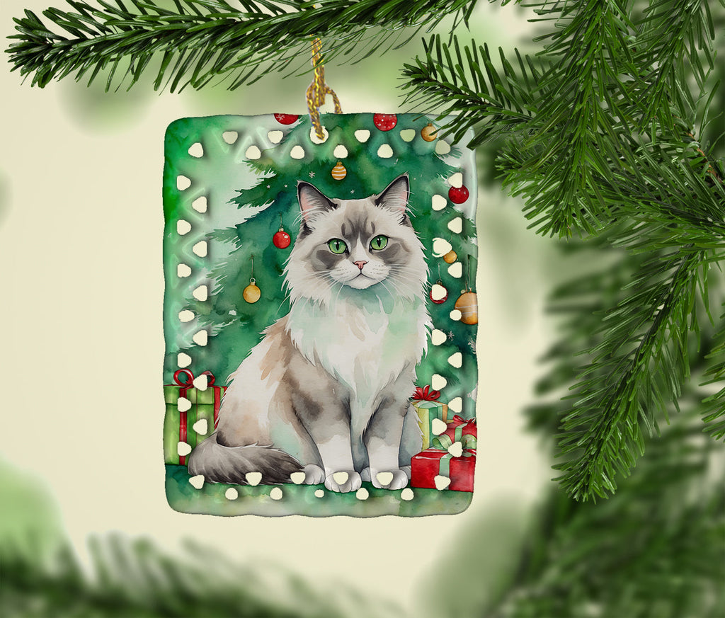 Ragdoll Cat By the Christmas Tree Porcelain Ornament Christmas Tree Hanging Decorations for Home Christmas Holiday, Rectangle, Gift, Multicolor