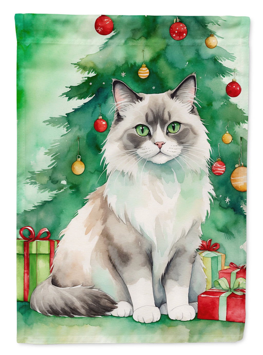 Ragdoll Cat By the Christmas Tree Garden Flag Mailbox Decorative Yard Banner Outside Patio Artwork for Flower Beds, Garden Size, Multicolor