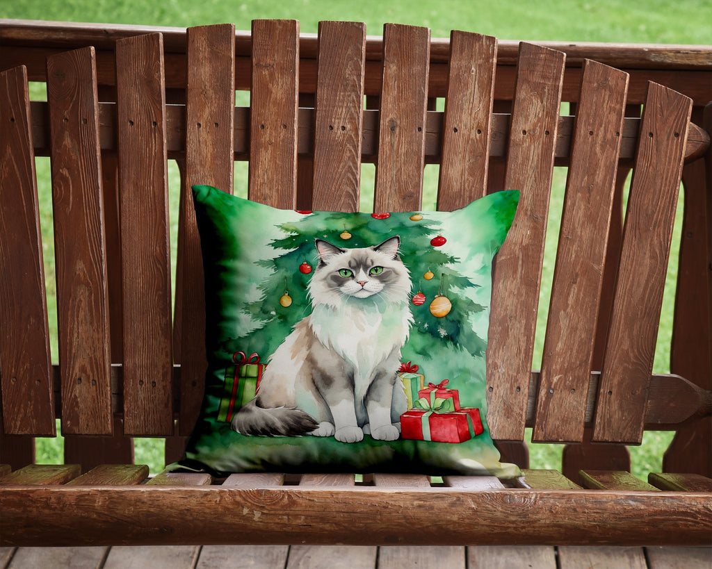 Ragdoll Cat By the Christmas Tree Decorative Throw Pillow 14x14 Indoor Outdoor Accent Cushion, Fabric Cover with Insert for Sofa, Bed, Porch & Living Room
