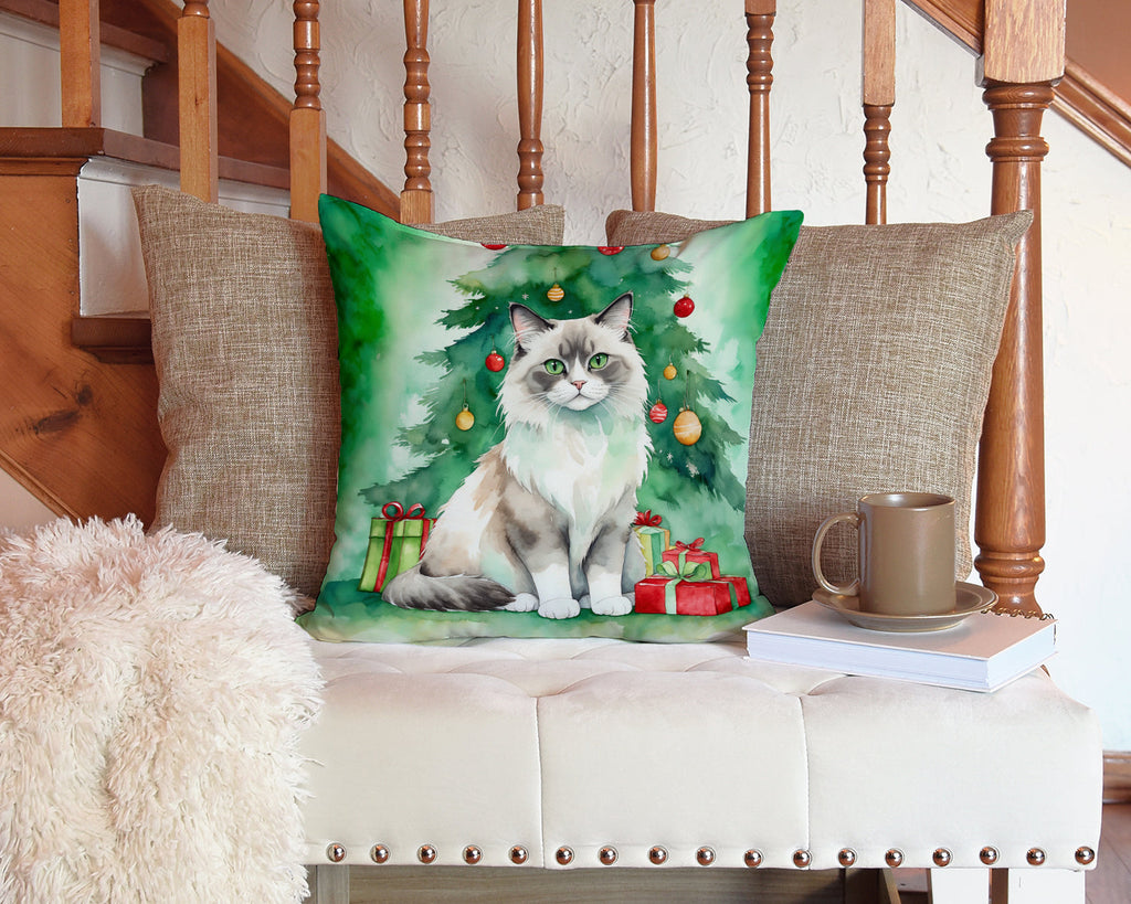 Ragdoll Cat By the Christmas Tree Decorative Throw Pillow 14x14 Indoor Outdoor Accent Cushion, Fabric Cover with Insert for Sofa, Bed, Porch & Living Room