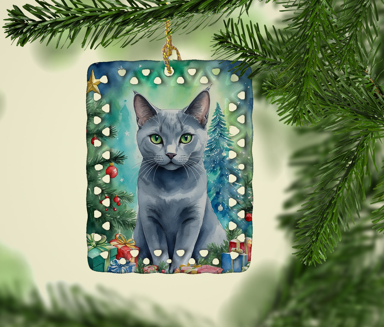 Russian Blue Cat By the Christmas Tree Porcelain Ornament Christmas Tree Hanging Decorations for Home Christmas Holiday, Rectangle, Gift, Multicolor