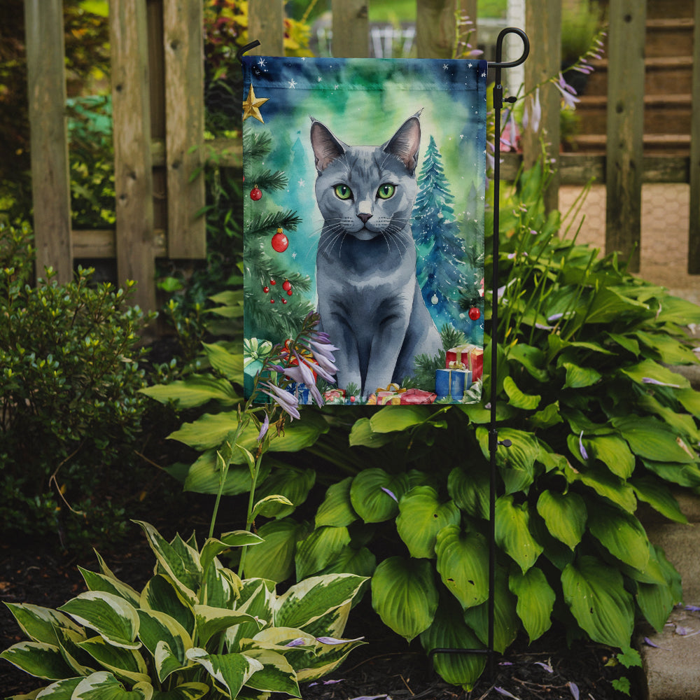 Russian Blue Cat By the Christmas Tree Garden Flag Mailbox Decorative Yard Banner Outside Patio Artwork for Flower Beds, Garden Size, Multicolor