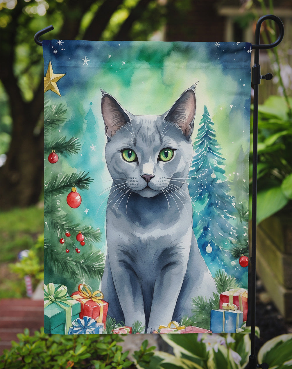 Russian Blue Cat By the Christmas Tree Garden Flag Mailbox Decorative Yard Banner Outside Patio Artwork for Flower Beds, Garden Size, Multicolor