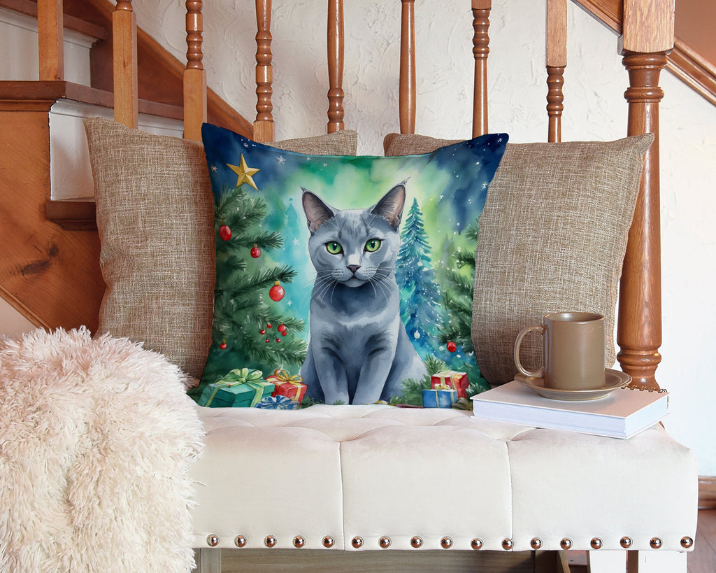 Russian Blue Cat By the Christmas Tree Decorative Throw Pillow 14x14 Indoor Outdoor Accent Cushion, Fabric Cover with Insert for Sofa, Bed, Porch & Living Room