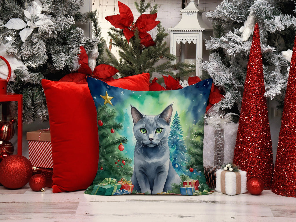 Russian Blue Cat By the Christmas Tree Decorative Throw Pillow 18x18 Indoor Outdoor Accent Cushion, Fabric Cover with Insert for Sofa, Bed, Porch & Living Room