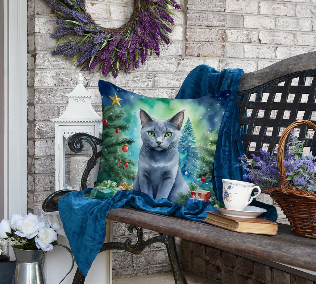 Russian Blue Cat By the Christmas Tree Decorative Throw Pillow 18x18 Indoor Outdoor Accent Cushion, Fabric Cover with Insert for Sofa, Bed, Porch & Living Room