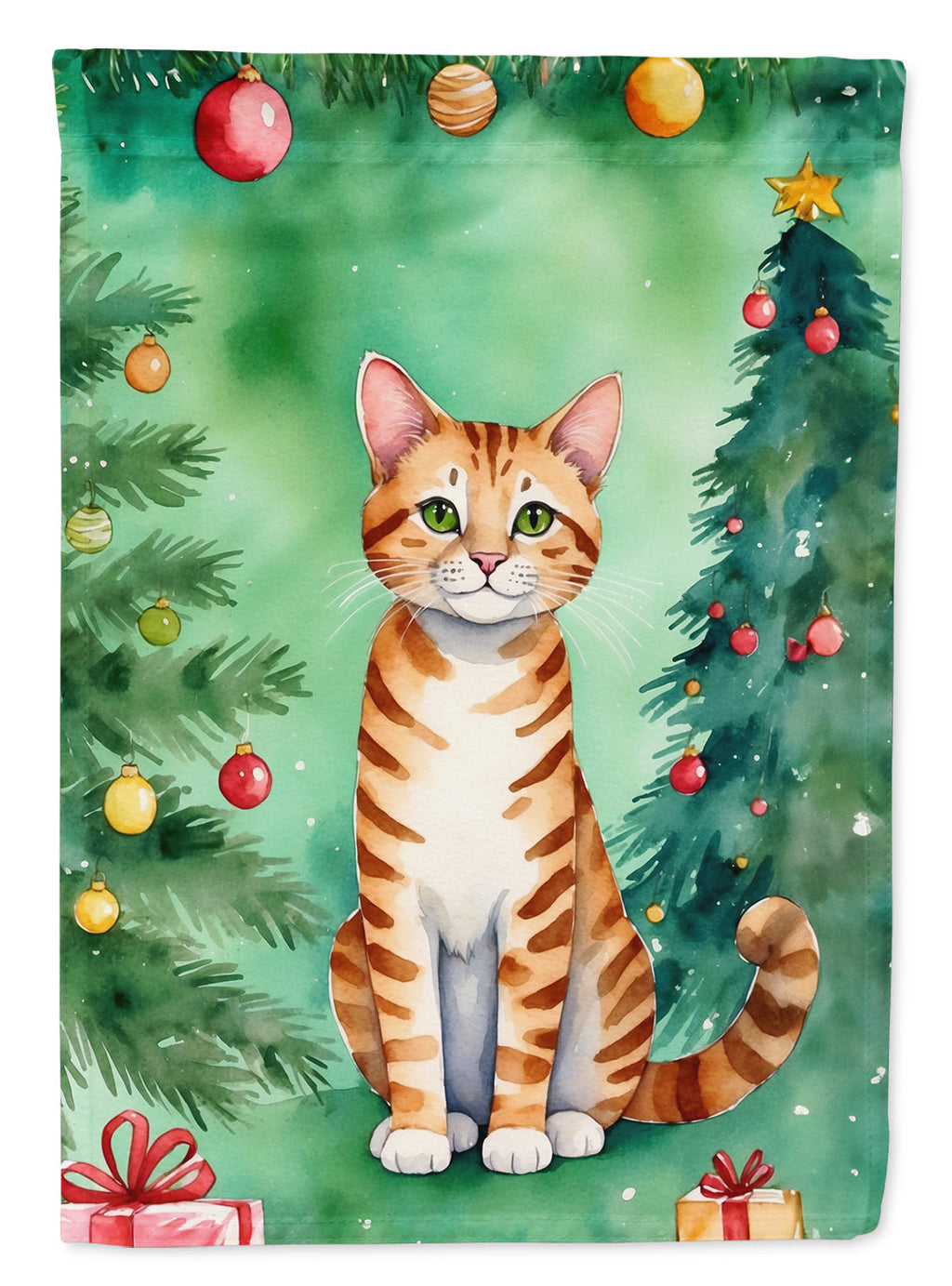 Safari Cat By the Christmas Tree House Flag 28x40 Porch Sleeve Pole Decorative Outside Yard Banner Artwork Wall Hanging, Polyester