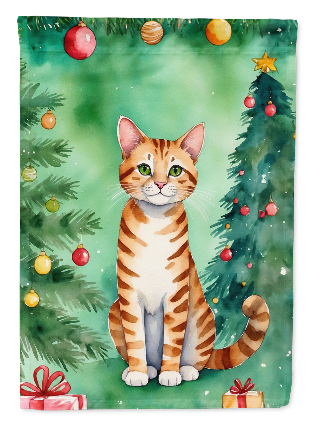 Safari Cat By the Christmas Tree Garden Flag Mailbox Decorative Yard Banner Outside Patio Artwork for Flower Beds, Garden Size, Multicolor
