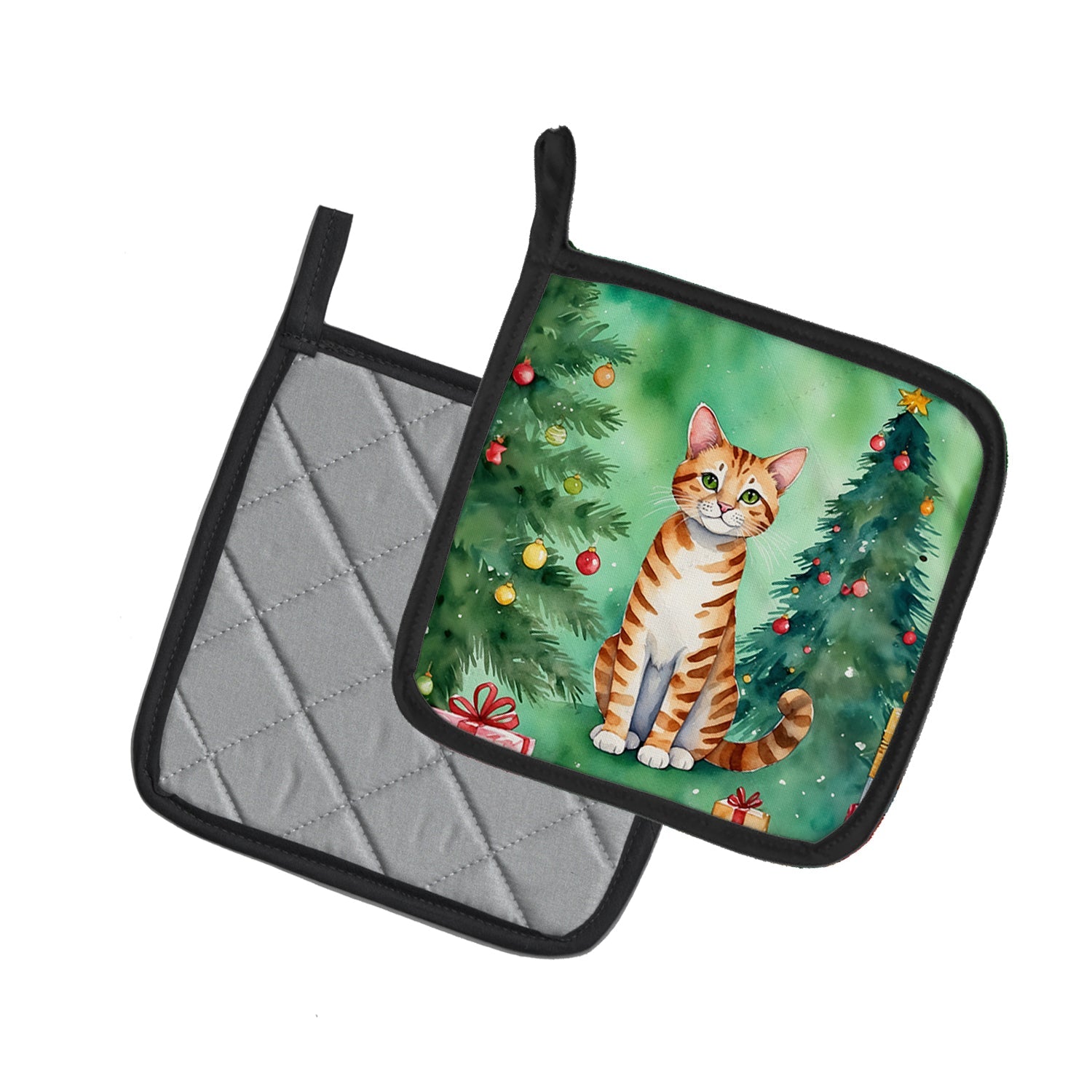 Safari Cat By the Christmas Tree Pot Holder Set of 2 Heat Resistant Quilted Hot Pads 7.5 x 7.5 Inch, Insulated Kitchen Trivets for Cooking & Baking
