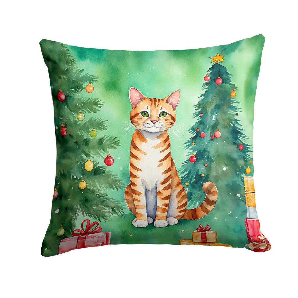 Safari Cat By the Christmas Tree Decorative Throw Pillow 18x18 Indoor Outdoor Accent Cushion, Fabric Cover with Insert for Sofa, Bed, Porch & Living Room