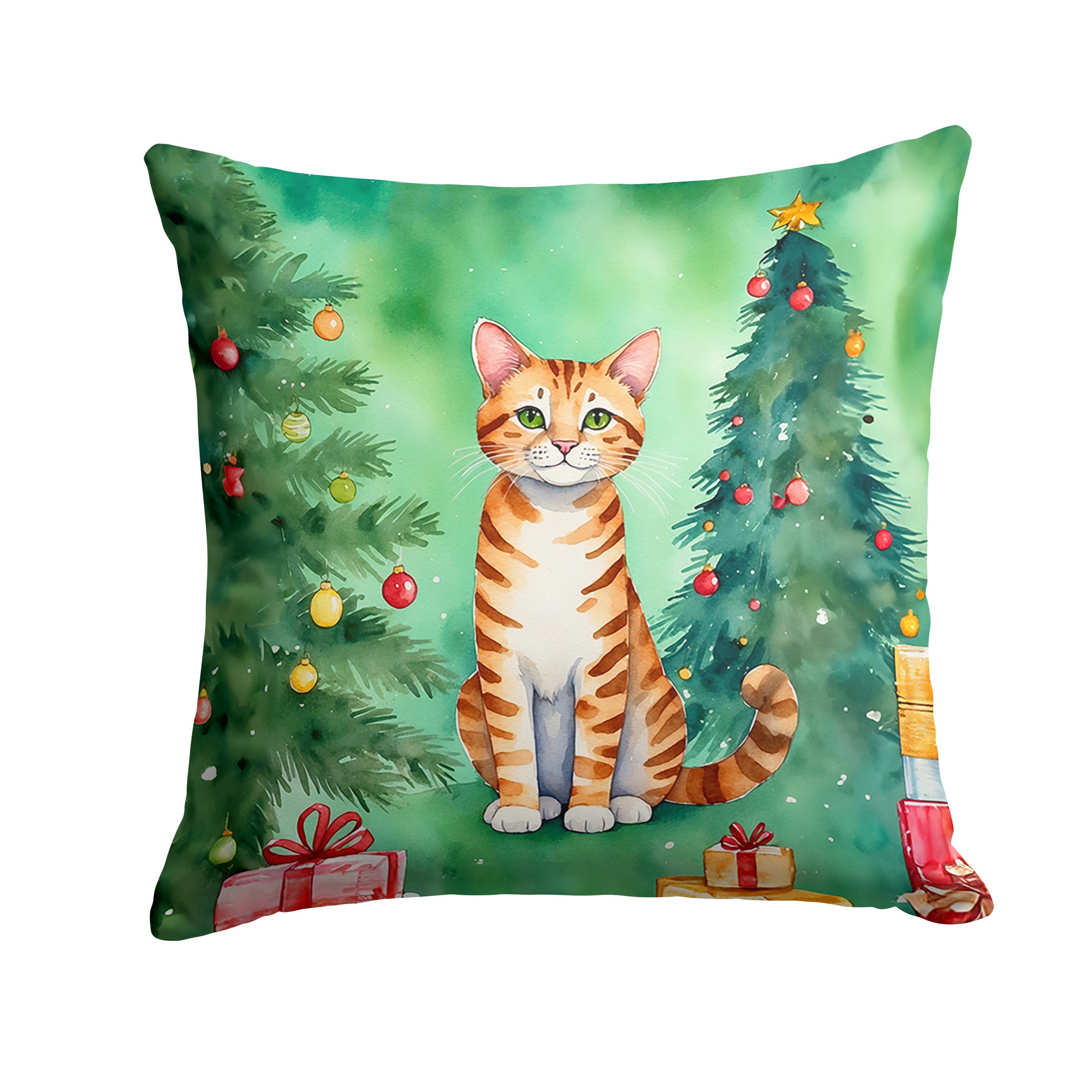 Safari Cat By the Christmas Tree Decorative Throw Pillow 18x18 Indoor Outdoor Accent Cushion, Fabric Cover with Insert for Sofa, Bed, Porch & Living Room