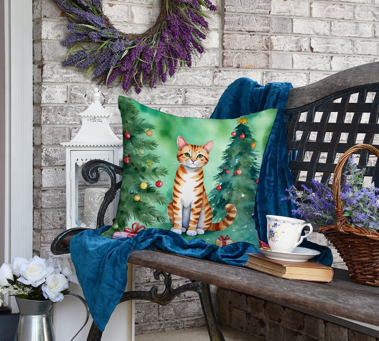 Safari Cat By the Christmas Tree Decorative Throw Pillow 18x18 Indoor Outdoor Accent Cushion, Fabric Cover with Insert for Sofa, Bed, Porch & Living Room