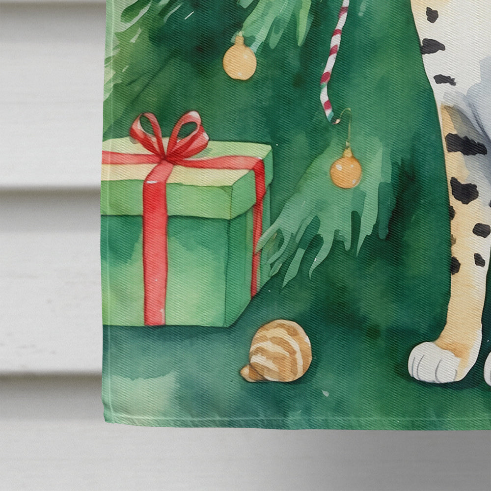 Savannah Cat By the Christmas Tree House Flag 28x40 Porch Sleeve Pole Decorative Outside Yard Banner Artwork Wall Hanging, Polyester