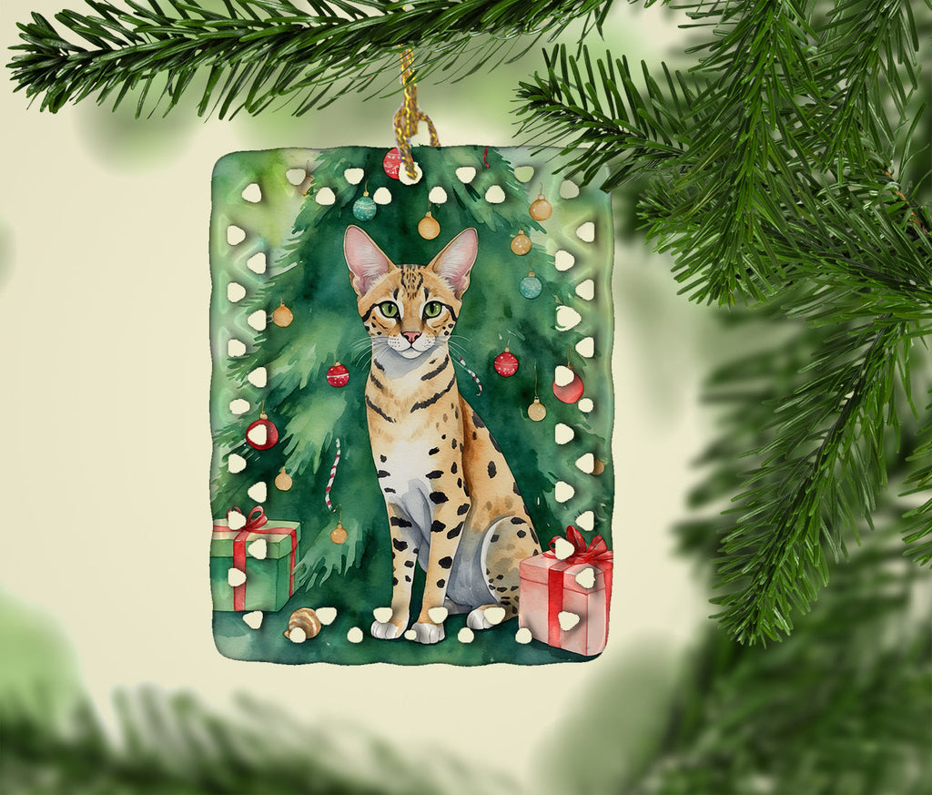 Savannah Cat By the Christmas Tree Porcelain Ornament Christmas Tree Hanging Decorations for Home Christmas Holiday, Rectangle, Gift, Multicolor