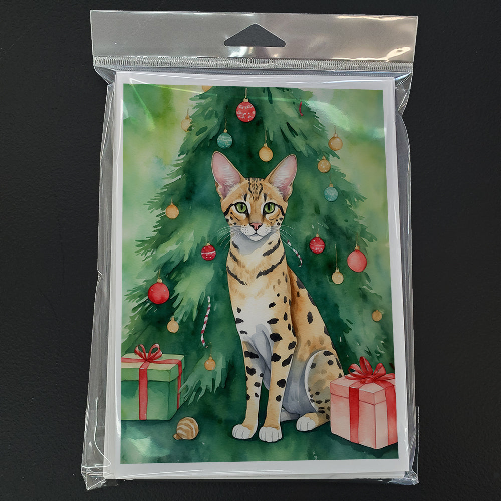 Savannah Cat By the Christmas Tree Greeting Cards Pack of 8 Blank Cards with Envelopes Whimsical A7 Size 5x7