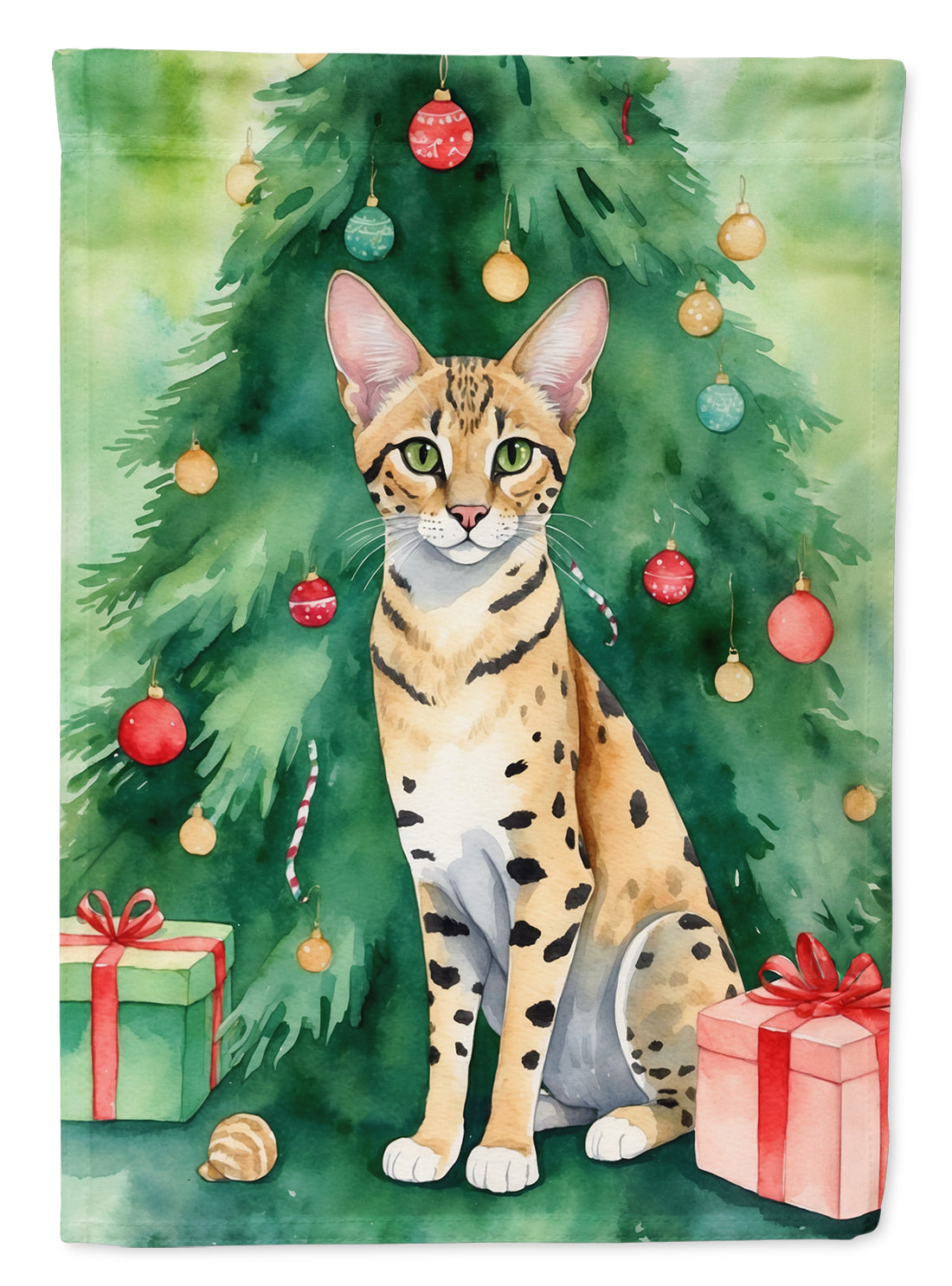Savannah Cat By the Christmas Tree Garden Flag Mailbox Decorative Yard Banner Outside Patio Artwork for Flower Beds, Garden Size, Multicolor