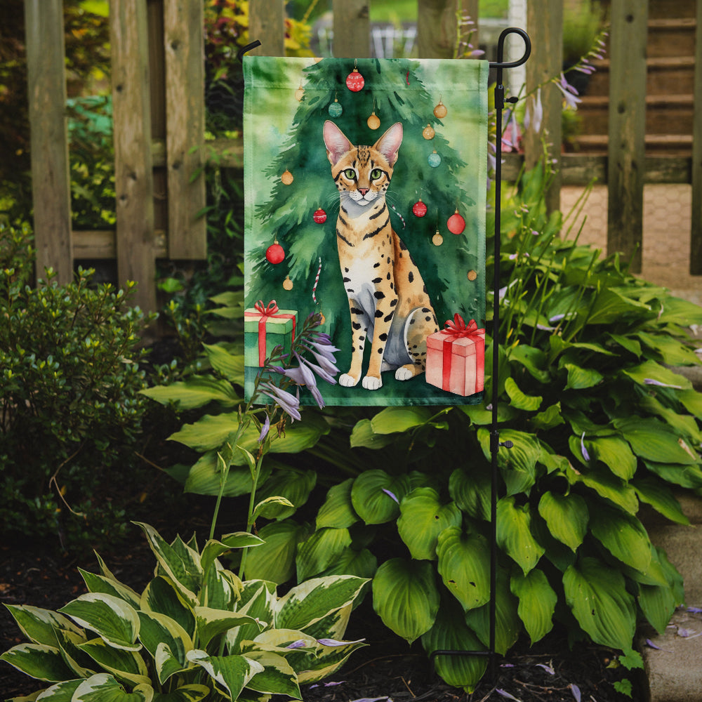 Savannah Cat By the Christmas Tree Garden Flag Mailbox Decorative Yard Banner Outside Patio Artwork for Flower Beds, Garden Size, Multicolor