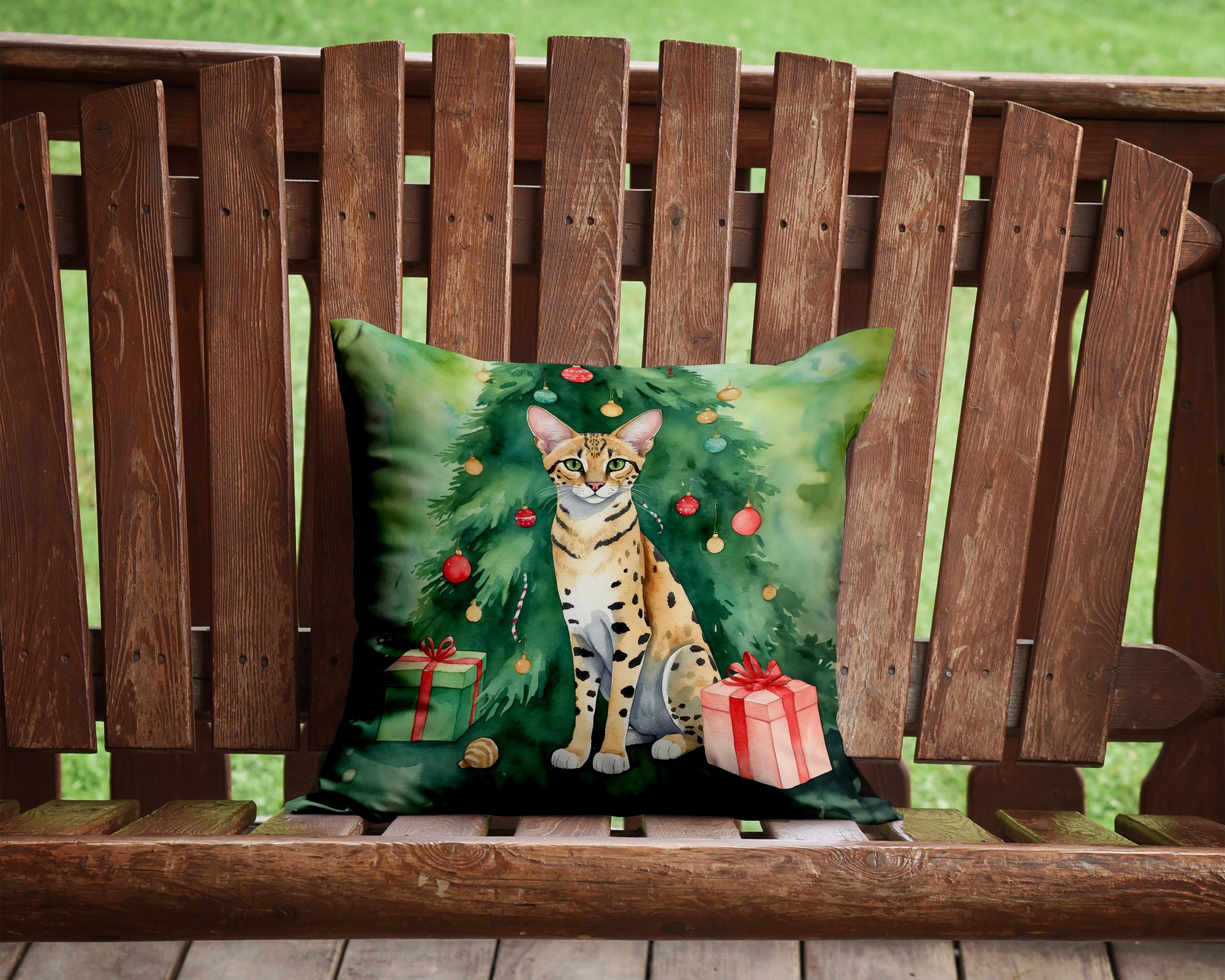 Savannah Cat By the Christmas Tree Decorative Throw Pillow 14x14 Indoor Outdoor Accent Cushion, Fabric Cover with Insert for Sofa, Bed, Porch & Living Room