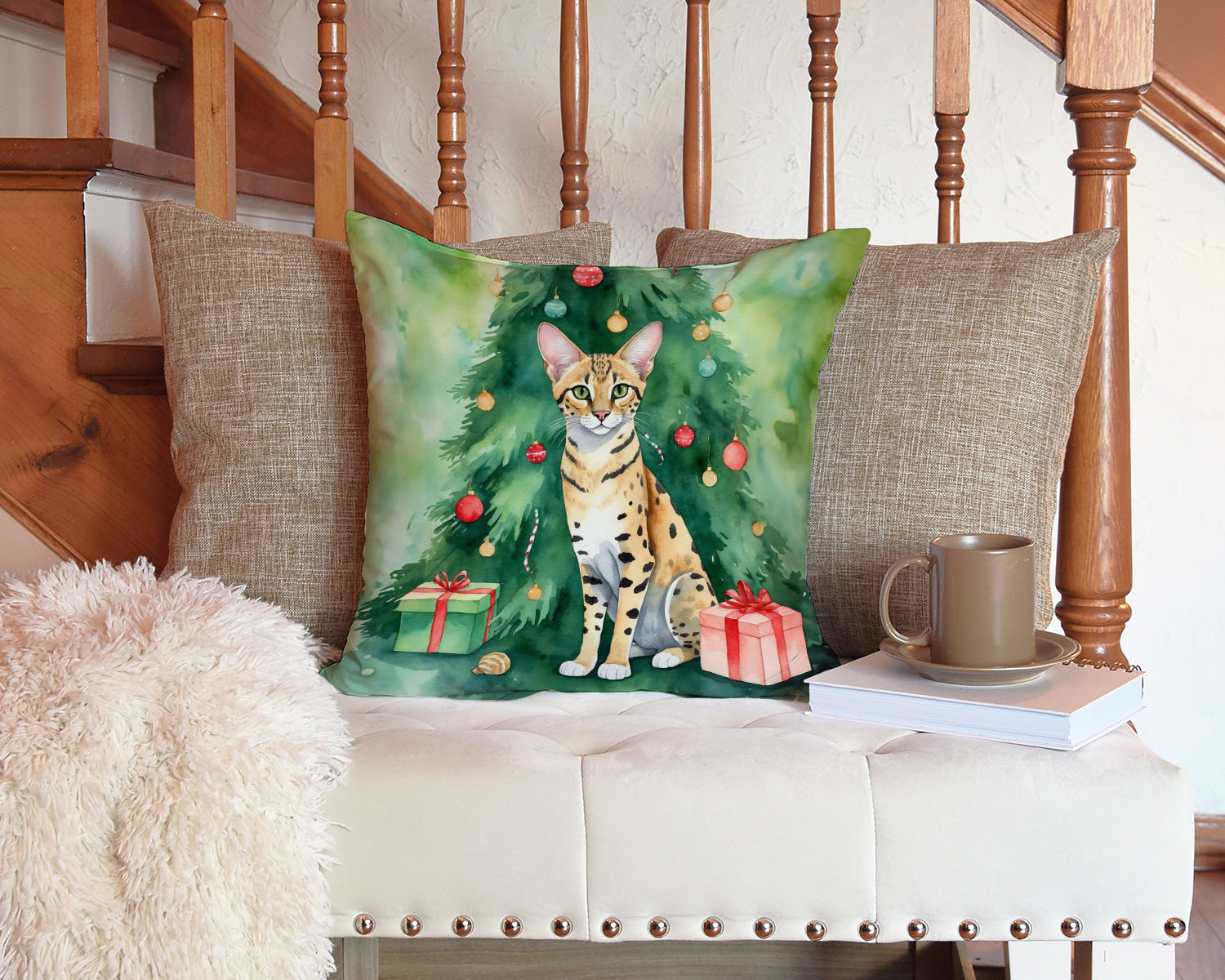 Savannah Cat By the Christmas Tree Decorative Throw Pillow 14x14 Indoor Outdoor Accent Cushion, Fabric Cover with Insert for Sofa, Bed, Porch & Living Room