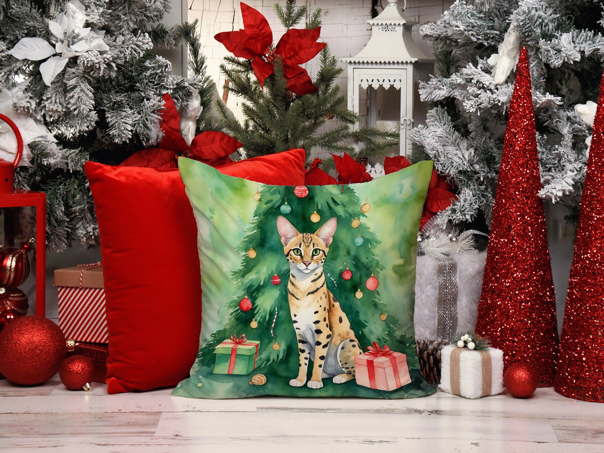 Savannah Cat By the Christmas Tree Decorative Throw Pillow 18x18 Indoor Outdoor Accent Cushion, Fabric Cover with Insert for Sofa, Bed, Porch & Living Room