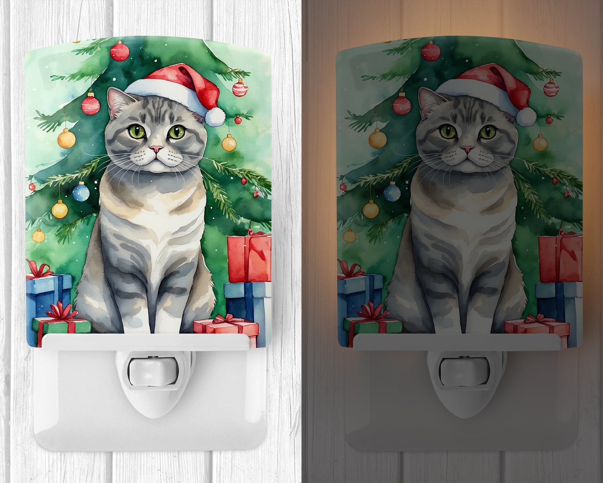 Scottish Fold Cat By the Christmas Tree Ceramic Night Light Compact, UL-Certified, Ideal for Bedroom, Bathroom, Nursery, Hallway, Kitchen, 6x4x3, Multicolor