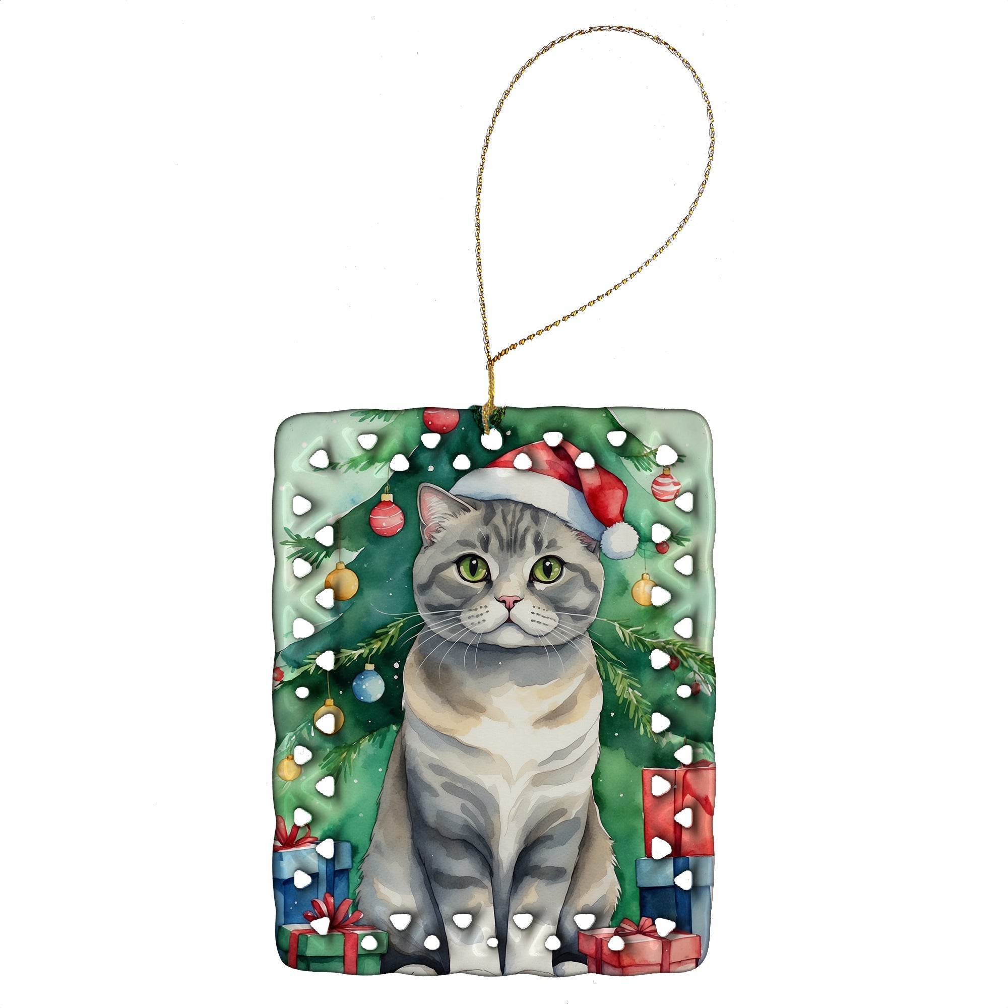 Scottish Fold Cat By the Christmas Tree Porcelain Ornament Christmas Tree Hanging Decorations for Home Christmas Holiday, Rectangle, Gift, Multicolor