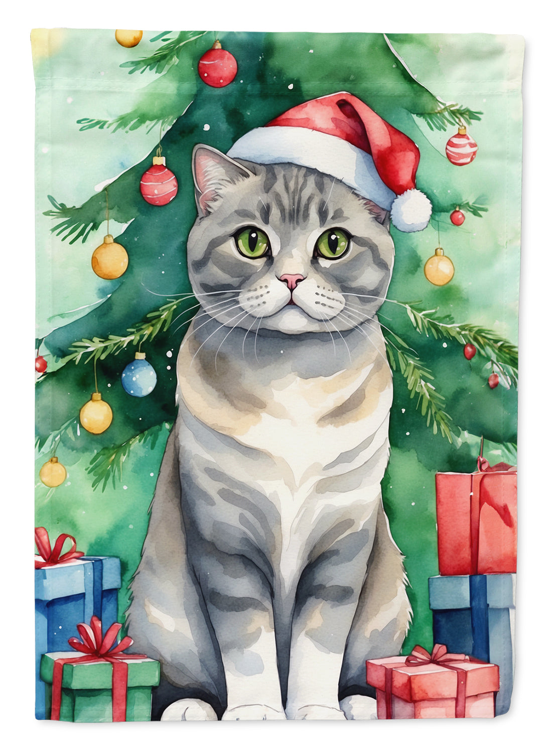 Scottish Fold Cat By the Christmas Tree Garden Flag Mailbox Decorative Yard Banner Outside Patio Artwork for Flower Beds, Garden Size, Multicolor