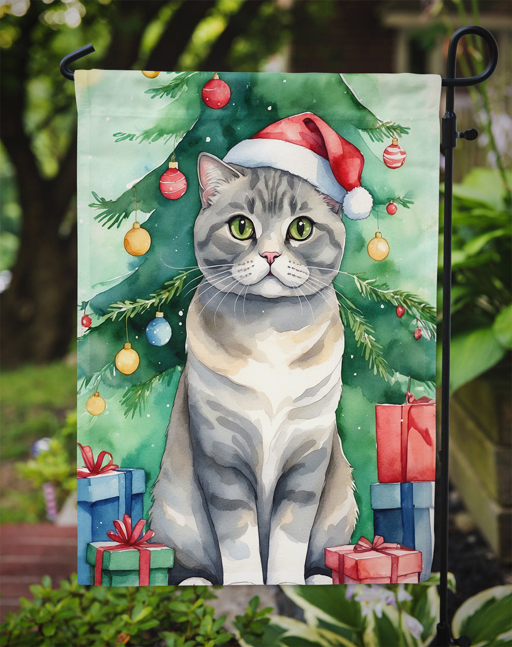 Scottish Fold Cat By the Christmas Tree Garden Flag Mailbox Decorative Yard Banner Outside Patio Artwork for Flower Beds, Garden Size, Multicolor