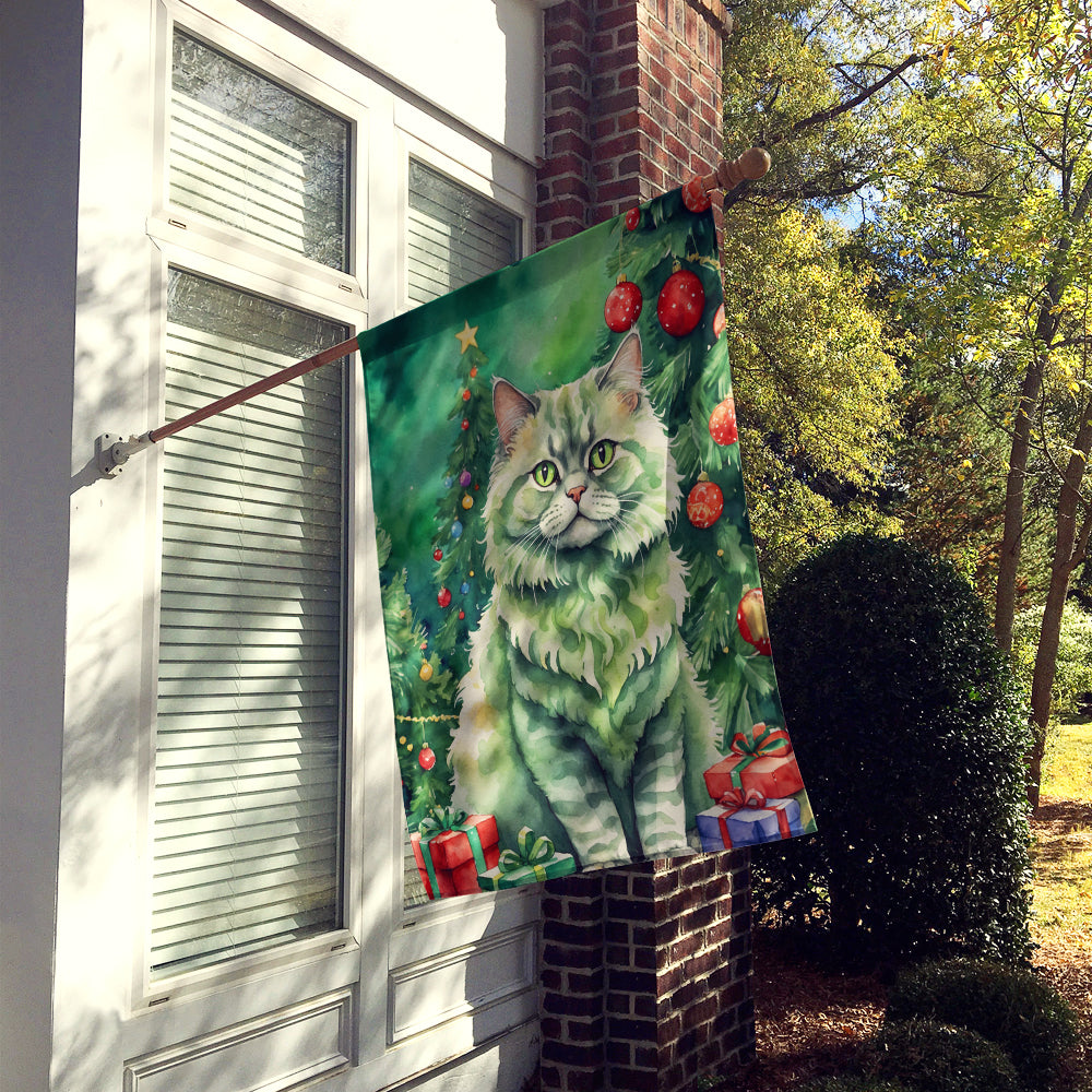 Selkirk Rex Cat By the Christmas Tree House Flag 28x40 Porch Sleeve Pole Decorative Outside Yard Banner Artwork Wall Hanging, Polyester