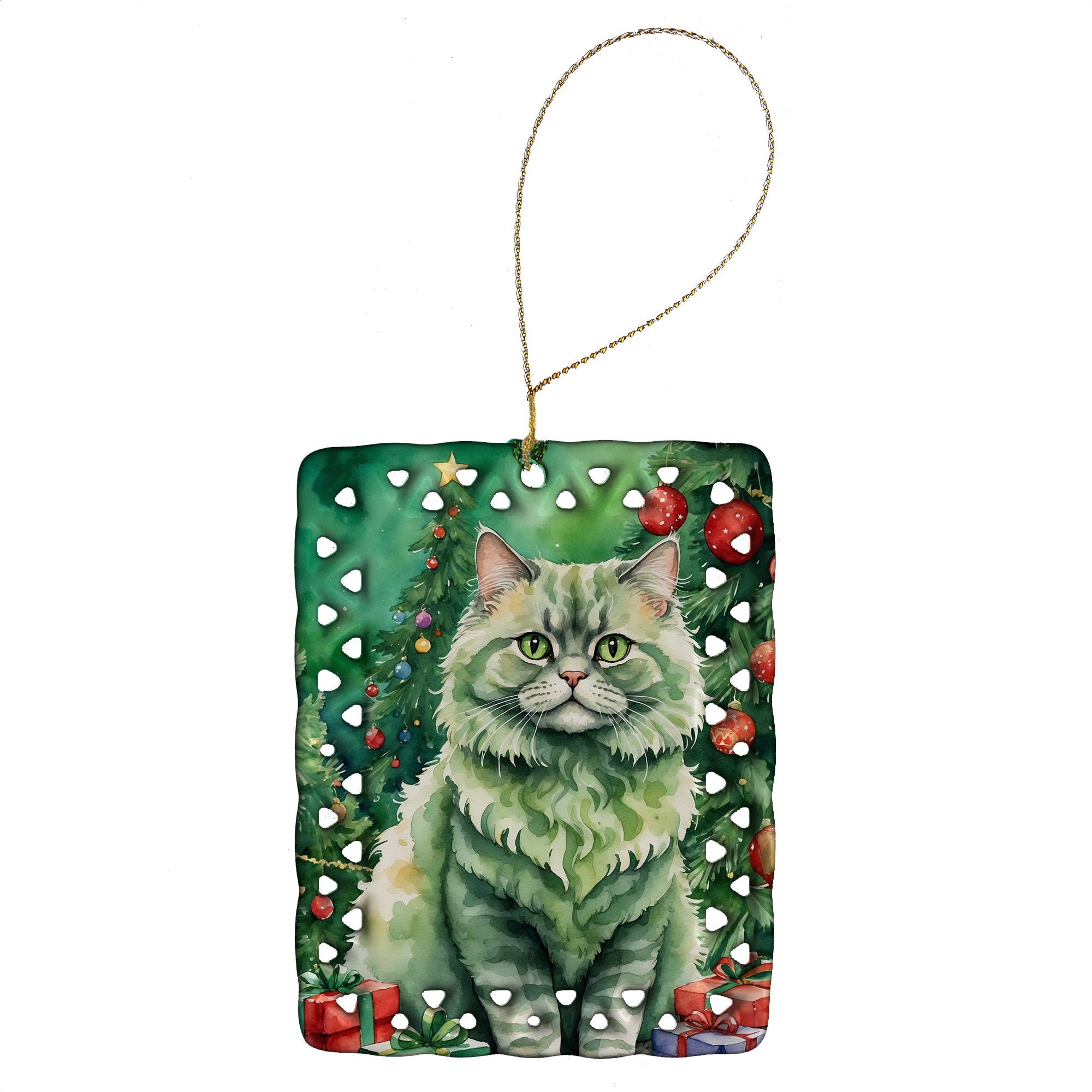 Selkirk Rex Cat By the Christmas Tree Porcelain Ornament Christmas Tree Hanging Decorations for Home Christmas Holiday, Rectangle, Gift, Multicolor