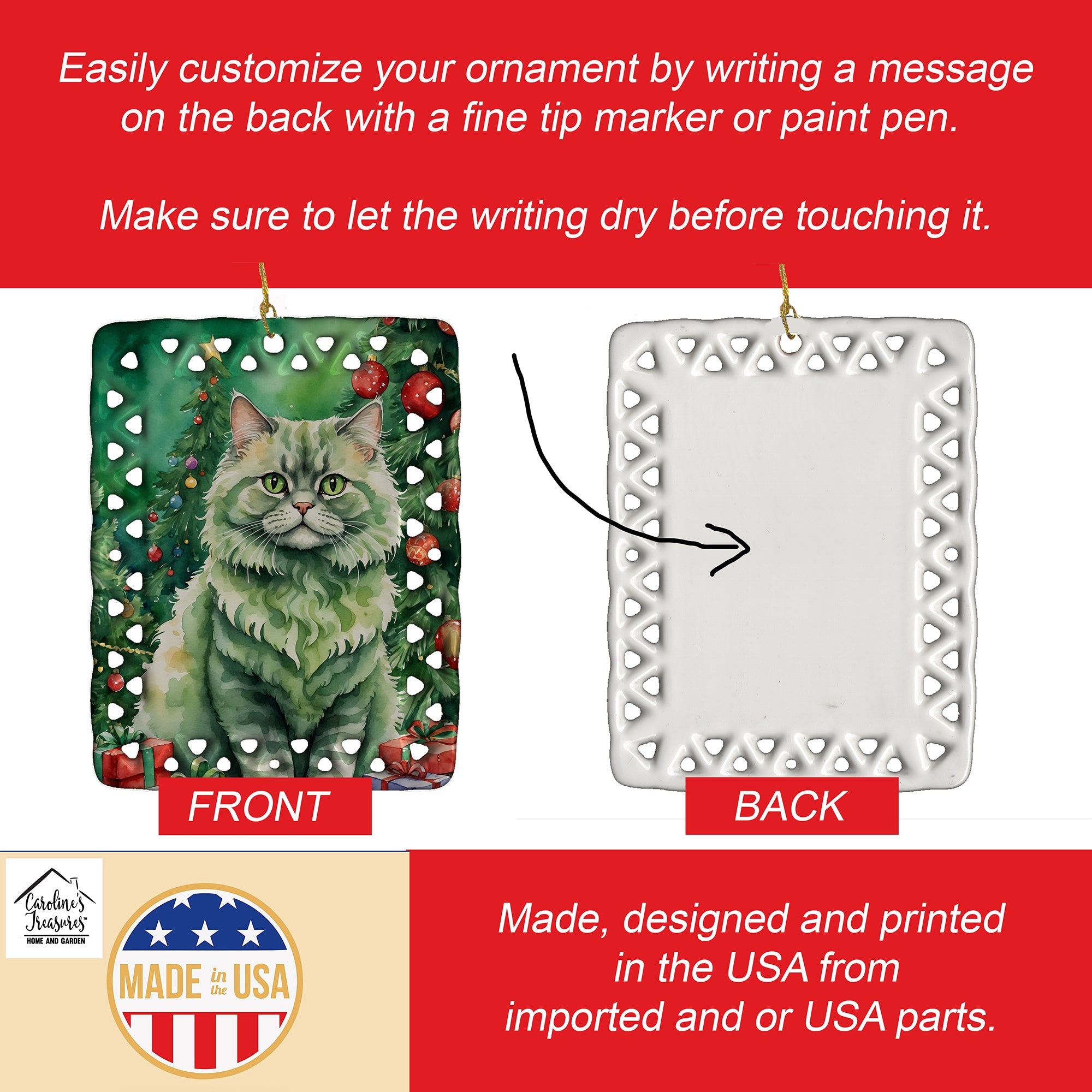 Selkirk Rex Cat By the Christmas Tree Porcelain Ornament Christmas Tree Hanging Decorations for Home Christmas Holiday, Rectangle, Gift, Multicolor