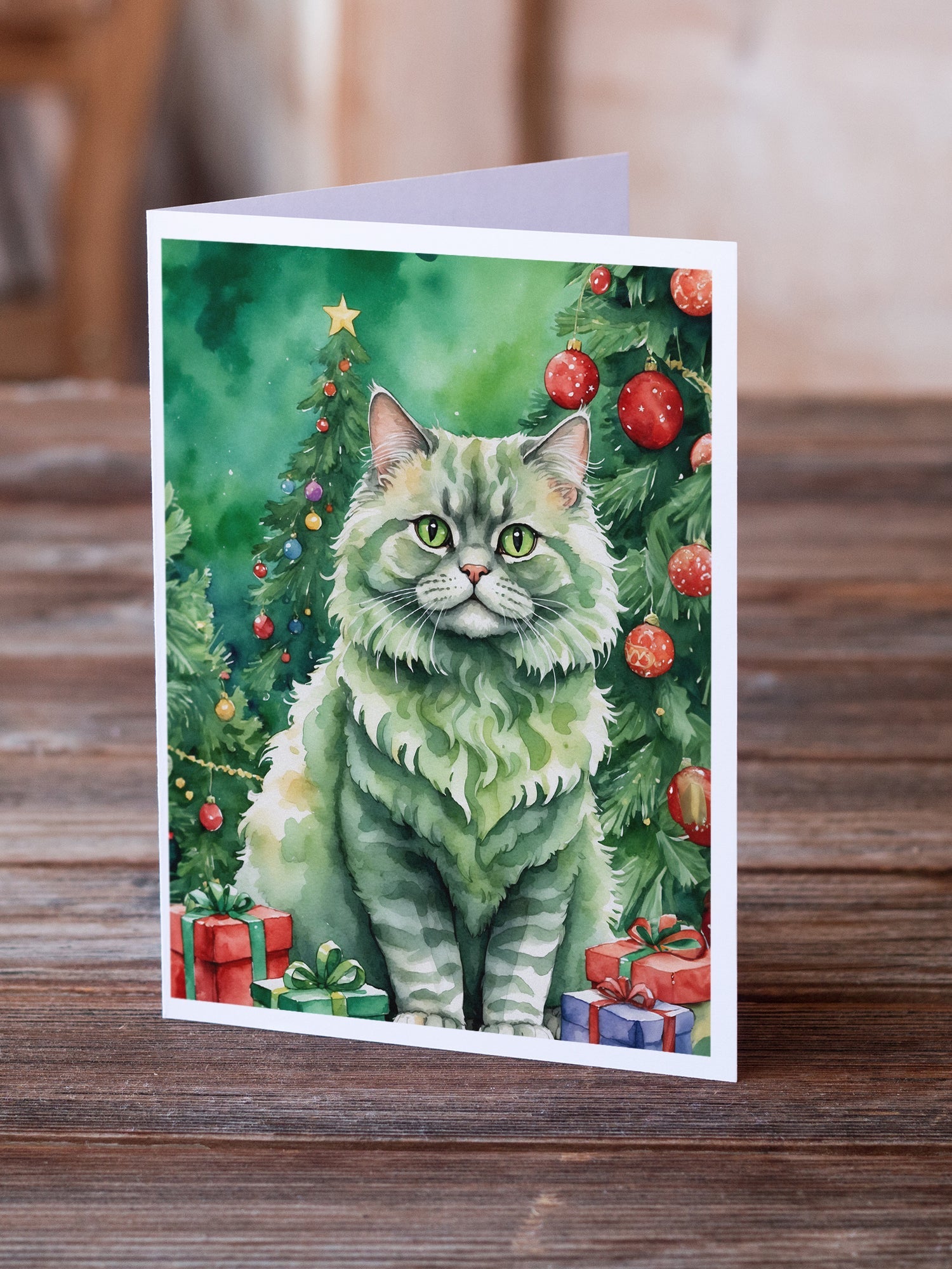 Selkirk Rex Cat By the Christmas Tree Greeting Cards Pack of 8 Blank Cards with Envelopes Whimsical A7 Size 5x7