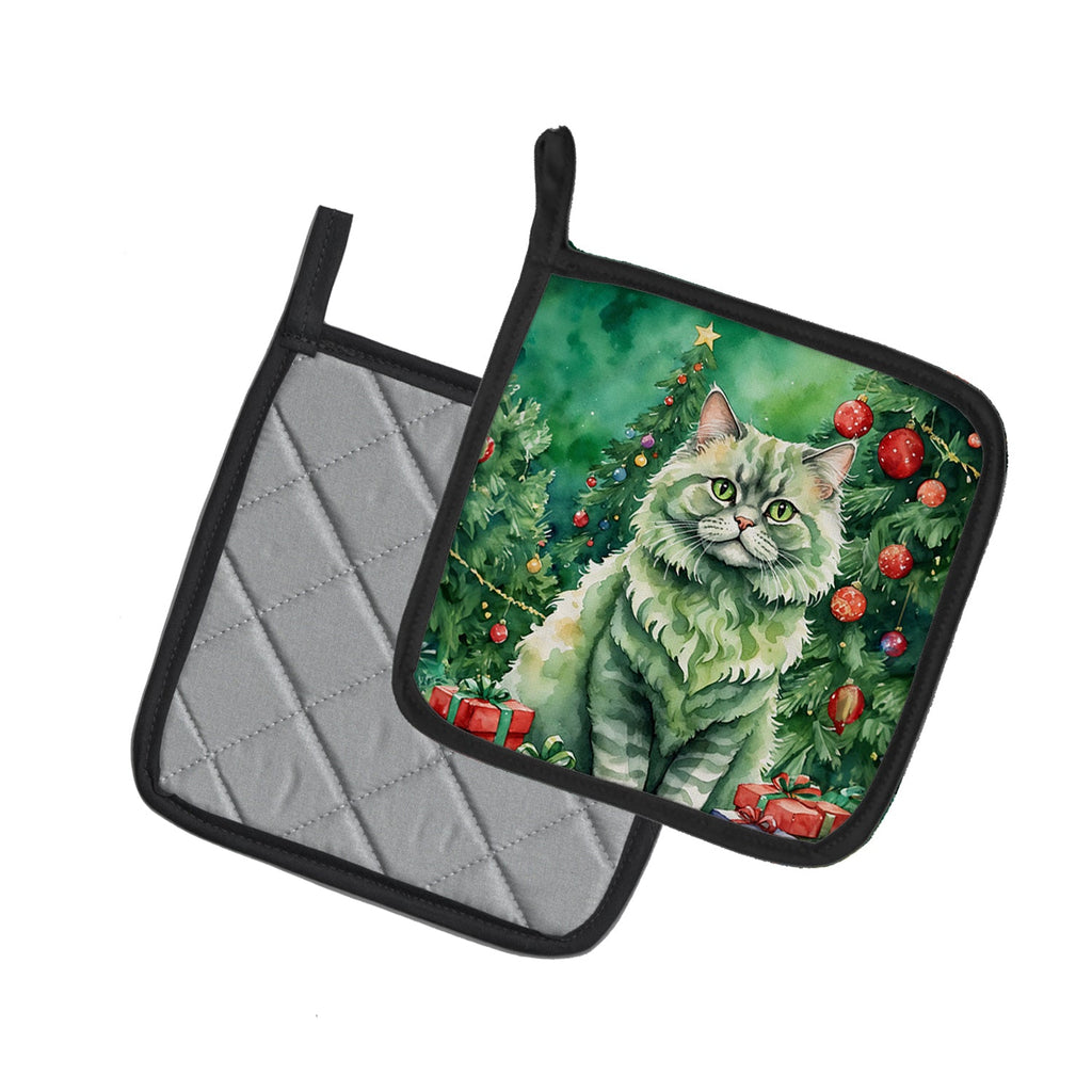 Selkirk Rex Cat By the Christmas Tree Pot Holder Set of 2 Heat Resistant Quilted Hot Pads 7.5 x 7.5 Inch, Insulated Kitchen Trivets for Cooking & Baking