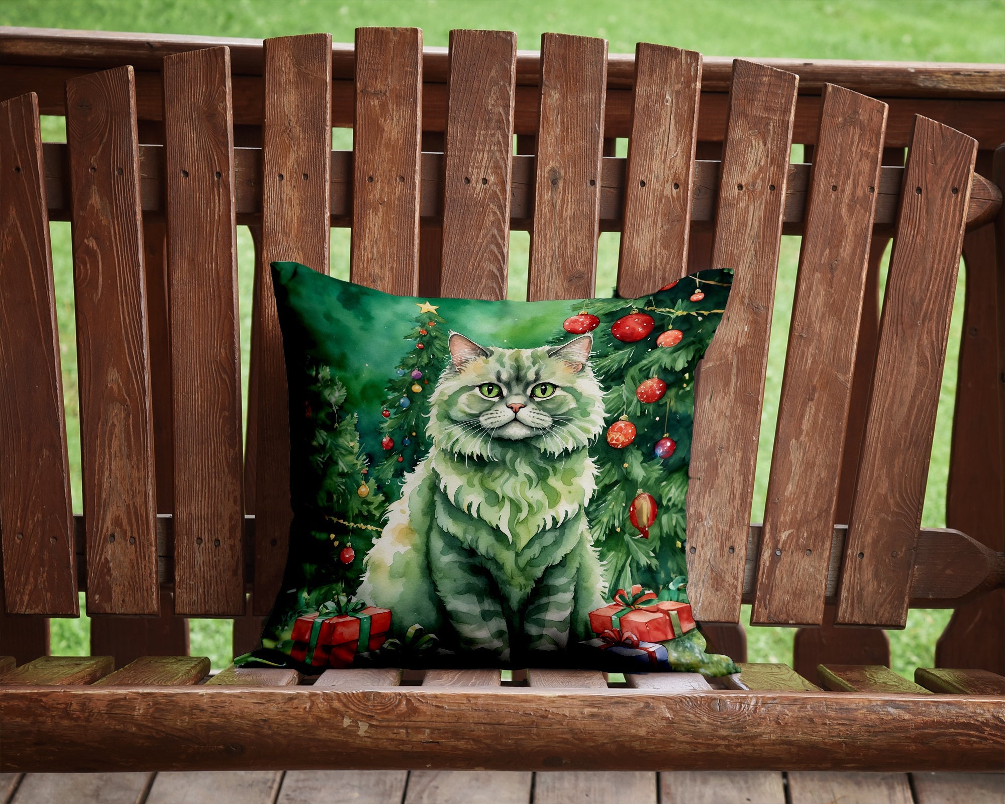 Selkirk Rex Cat By the Christmas Tree Decorative Throw Pillow 14x14 Indoor Outdoor Accent Cushion, Fabric Cover with Insert for Sofa, Bed, Porch & Living Room