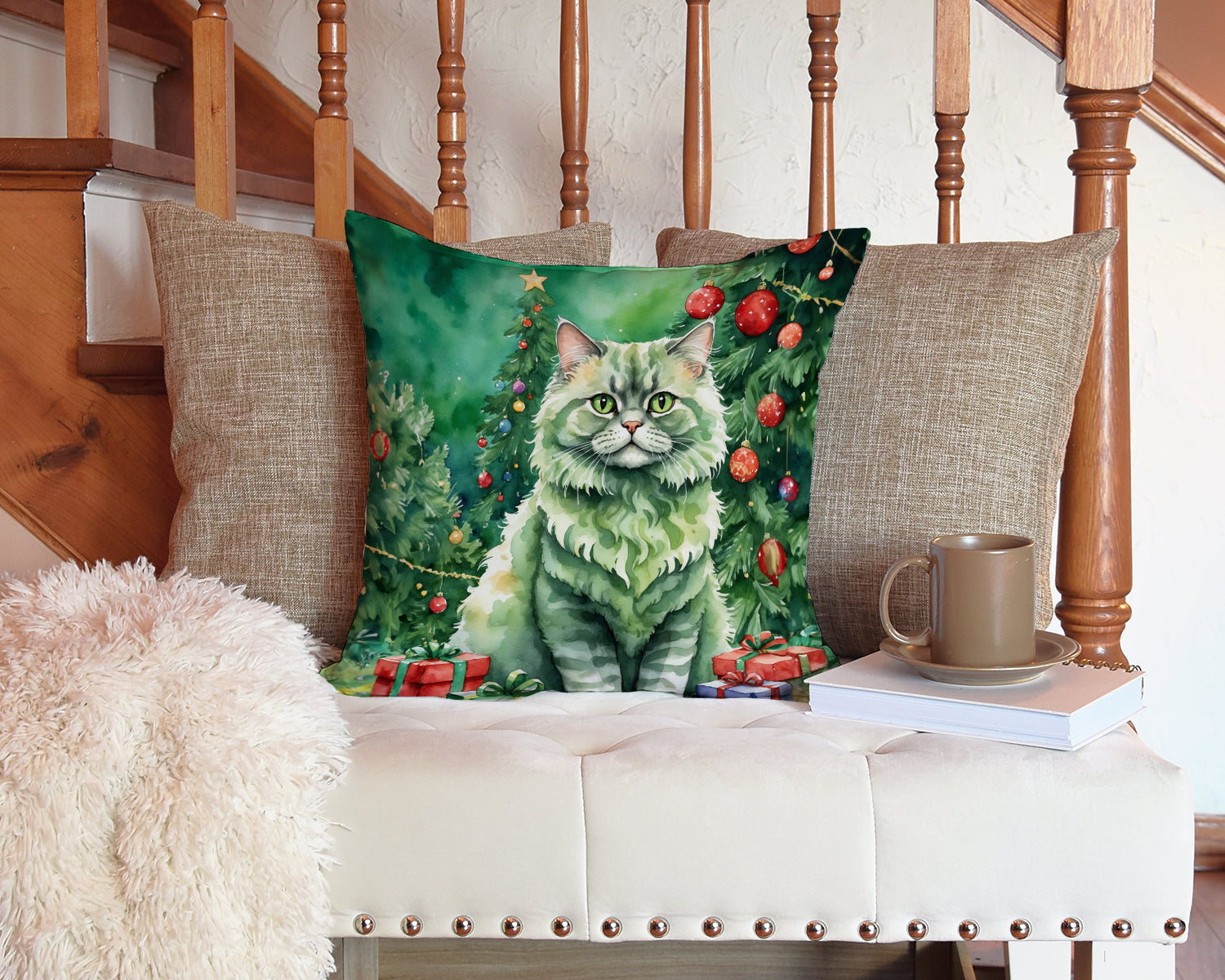 Selkirk Rex Cat By the Christmas Tree Decorative Throw Pillow 14x14 Indoor Outdoor Accent Cushion, Fabric Cover with Insert for Sofa, Bed, Porch & Living Room