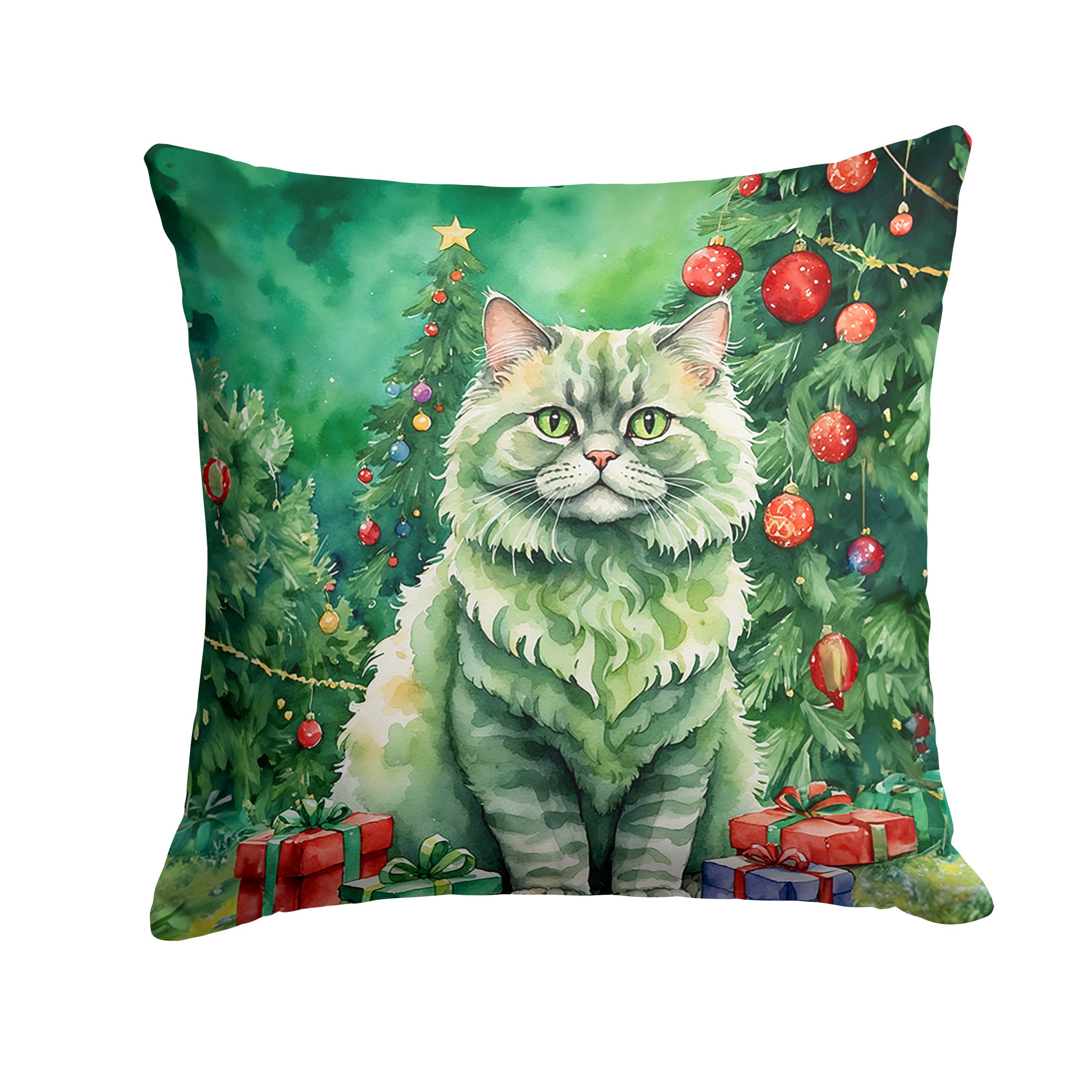 Selkirk Rex Cat By the Christmas Tree Decorative Throw Pillow 18x18 Indoor Outdoor Accent Cushion, Fabric Cover with Insert for Sofa, Bed, Porch & Living Room