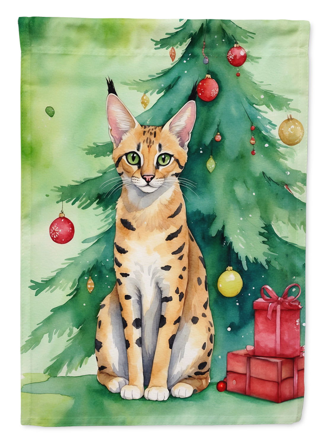 Serengeti Cat By the Christmas Tree House Flag 28x40 Porch Sleeve Pole Decorative Outside Yard Banner Artwork Wall Hanging, Polyester