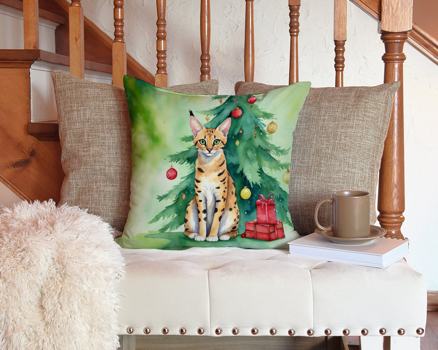 Serengeti Cat By the Christmas Tree Decorative Throw Pillow 14x14 Indoor Outdoor Accent Cushion, Fabric Cover with Insert for Sofa, Bed, Porch & Living Room