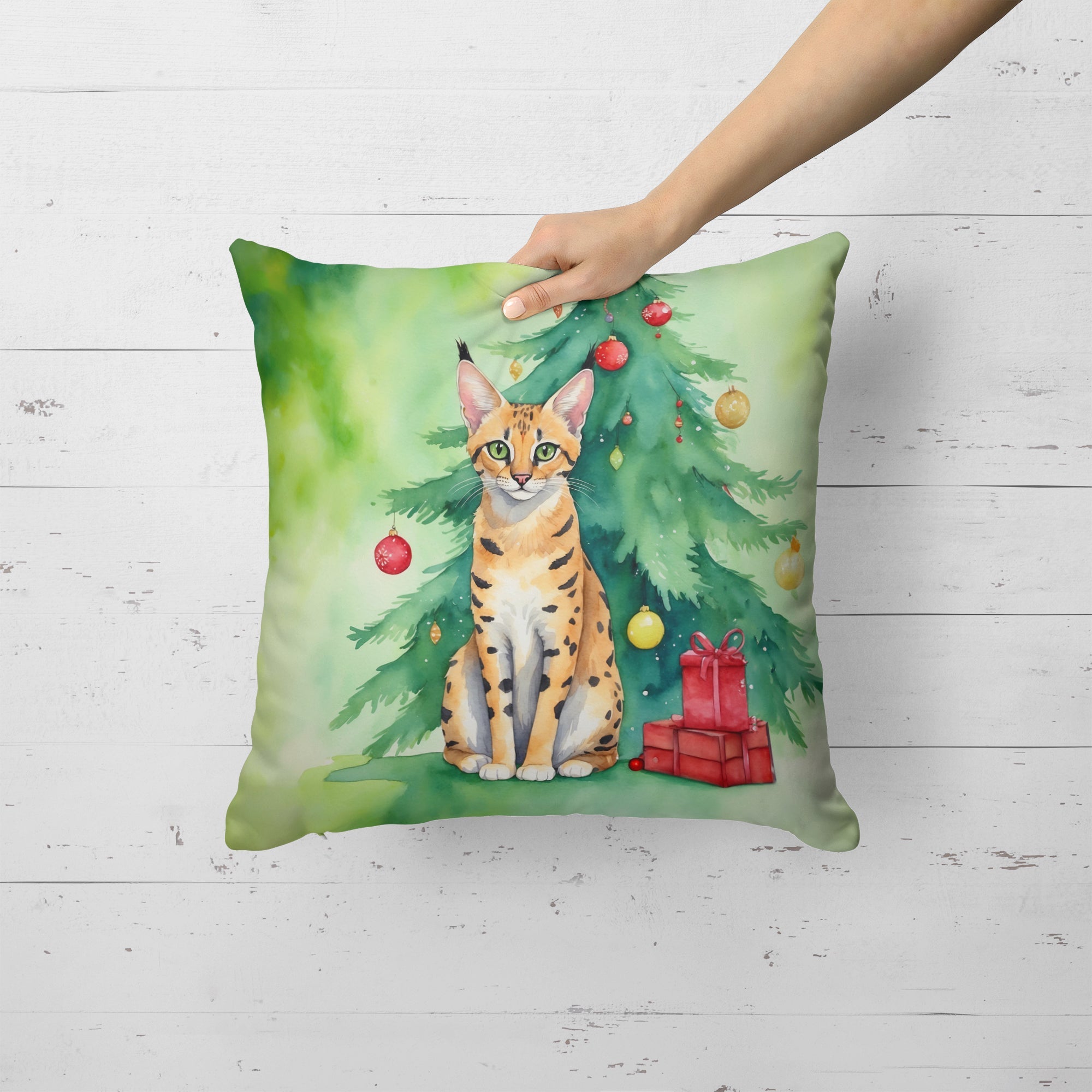 Serengeti Cat By the Christmas Tree Decorative Throw Pillow 18x18 Indoor Outdoor Accent Cushion, Fabric Cover with Insert for Sofa, Bed, Porch & Living Room