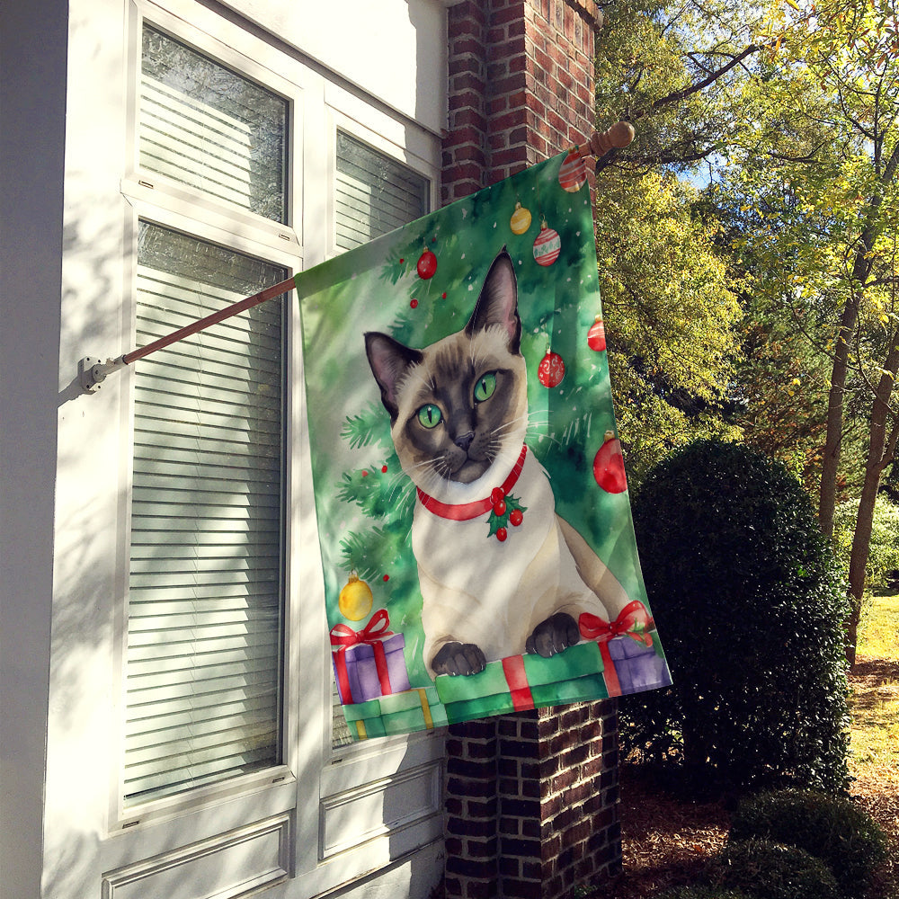 Siamese Cat By the Christmas Tree House Flag 28x40 Porch Sleeve Pole Decorative Outside Yard Banner Artwork Wall Hanging, Polyester