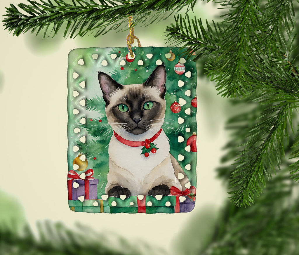 Siamese Cat By the Christmas Tree Porcelain Ornament Christmas Tree Hanging Decorations for Home Christmas Holiday, Rectangle, Gift, Multicolor