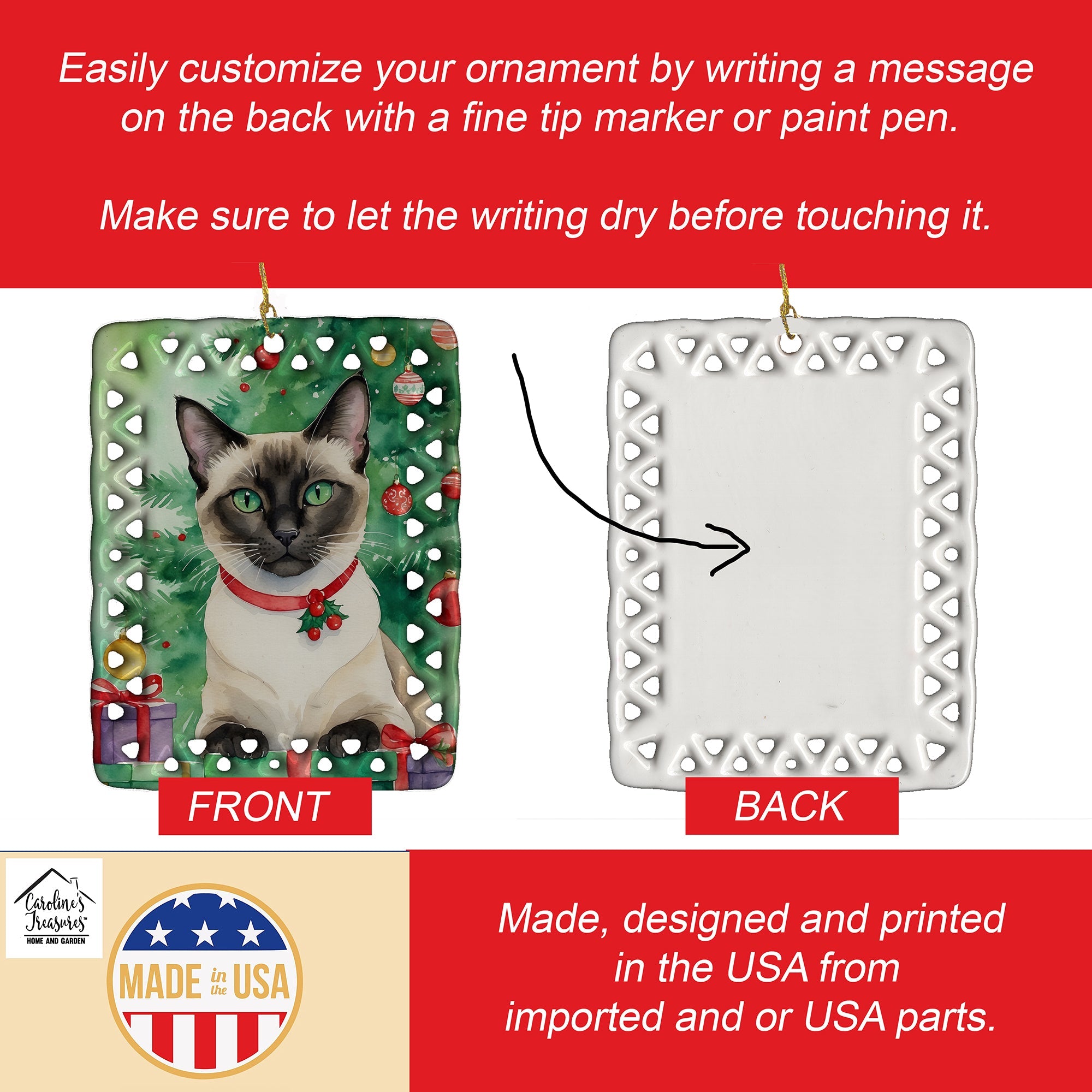 Siamese Cat By the Christmas Tree Porcelain Ornament Christmas Tree Hanging Decorations for Home Christmas Holiday, Rectangle, Gift, Multicolor